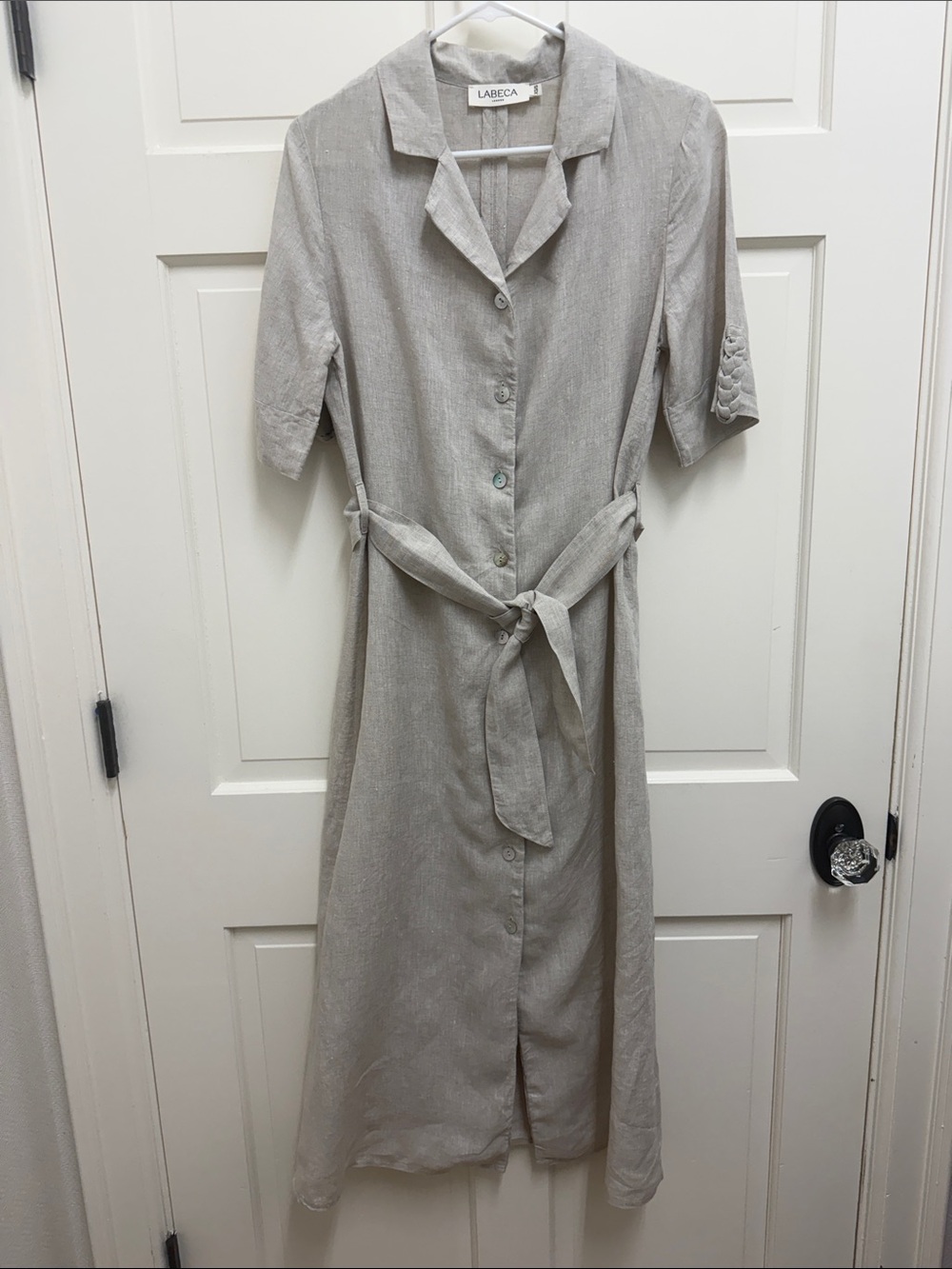 Linen Cream Button-Front Midi Dress with Tie Waist